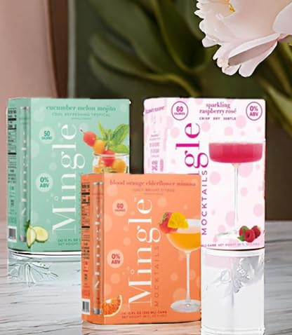 Mingle Mocktails Variety Pack, Premium Non-Alcoholic Drinks, Cucumber Melon Mojito, Blood Orange Mimosa, Raspberry Rose, Zesty Pre-Mixed Drinks, Canned Mocktails, 12 fl. oz. Cans, Pack of 12