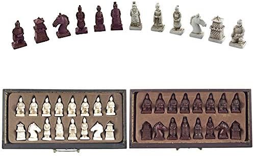 Retro Terracotta Warriors Chess Set for Kids and Adults Classic Family Board Game with Folding Wooden Chessboard 3D Resin Chess Pieces and Storage Slots (10.23×10.23 inch)