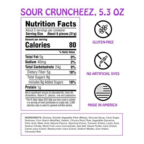 Rotten Sour Gummy Cruncheez - Low Sugar, Low Calorie, 5g Gut-Friendly Prebiotic Fiber, Gluten Free Candy, No Artificial Dyes - 5.3 oz Share Pack [4 Pack]