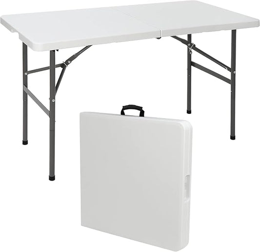 SIMPLI-MAGIC 4ft Plastic Folding Table, Indoor Outdoor Heavy Duty Portable/Handle, Lock for Picnic, Party, Camping - White