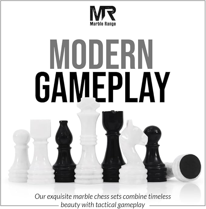 Marble Chess Set 15 Inch Handmade Black & White Board Game with Storage Box, Classic Travel Chess Set for Adults with Pieces & 2 Extra Queens, Elegant Gift & Home Décor