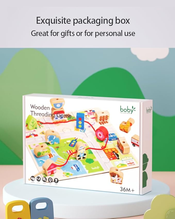 24-Piece Real Wood Bead Threading Puzzle Blocks with Traffic Scenario Game Board - Kids' Educational Toy Set with 2 Stringing Sticks & Cotton Storage Bag(Ages 3-6)