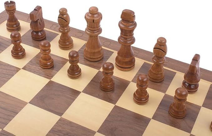 12" Folding Magnetic Wooden Chess Set – Travel-Friendly Portable Board Game with Staunton Pieces and Secure Storage Handcrafted Design for Home School and Outdoor Play Ages.