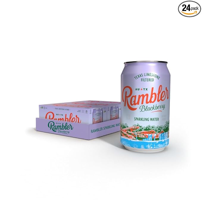 AUTX RAMBLER Sparkling Water, Texas Limestone Mineral Blend, Blackberry Flavor, 12-Ounce Cans, Three 8-Packs (24 Cans)