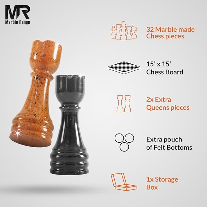Marble Chess Set 15 Inch Handmade Black & Golden Board Game with Storage Box, Classic Travel Chess Set for Adults with Pieces & 2 Extra Queens, Elegant Gift & Home Décor