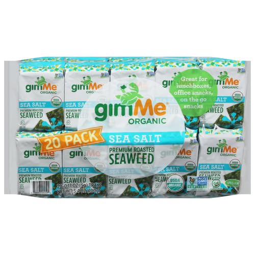gimMe Organic Roasted Seaweed Sheets, Sea Salt, Keto, Vegan, Gluten Free, Great Source of Iodine and Omega 3’s, Healthy On-The-Go Snack for Kids & Adults, #1 Sea Salt, 0.17 Ounce (Pack of 40)