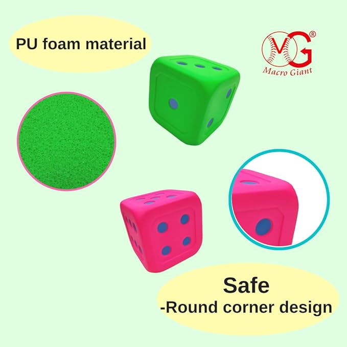 Macro Giant 6 Inch Soft Foam Jumbo Big Playing Dice, Set of 4,Neon Color, Math Teaching, Teaching Aids, Board Games, Kid Toy