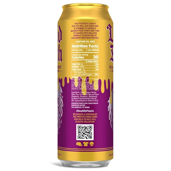 Liquid Death, Slaughter Berry Flavored Iced Tea, 8-Pack (19.2oz Cans), Raspberry Flavored Black Tea, Low Calorie, No Artificial Sweeteners, B12 & B6 Vitamins
