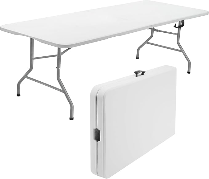 SKOK Folding Picnic Table 8 Foot, 8FT Long Plastic Picnic Table Portable with Carry Handle, White Tailgating Utility Commercial Craft Table with Heavy Duty Frame for Party & Events，330lbs