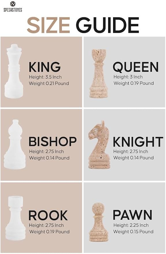 Marble Chess Set 15 Inch White & Travertine Checkers Board Game with Pieces, 2 Extra Queens and Storage Box, Strategy Set for Adults & Family, Travel, Tabletop Play