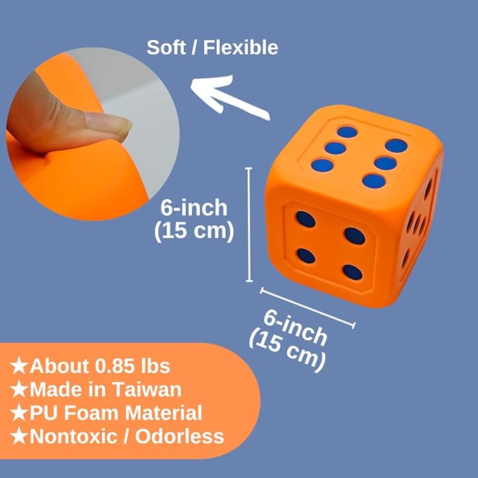 Macro Giant 6 Inch PU Foam Jumbo Big Playing Dice, Set of 2, Neon Orange, Math Teaching, Teaching Aids, Board Games, Kid Toy