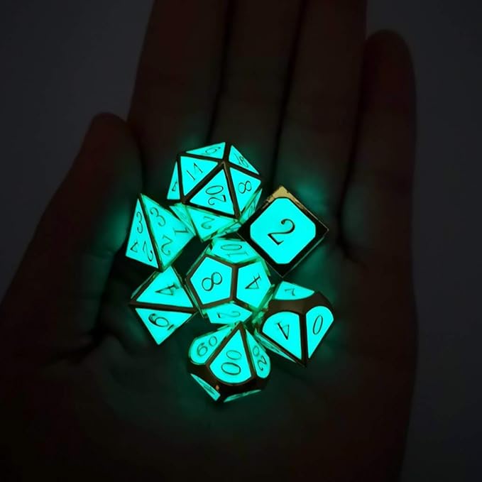 Haxtec Glow in The Dark Glowing Blue Metal Dice Set D&D W/Dragon Dice Bag 7PCS DND Dice Set for Dungeons and Dragons RPG Games-Gold Glowing Blue-V2