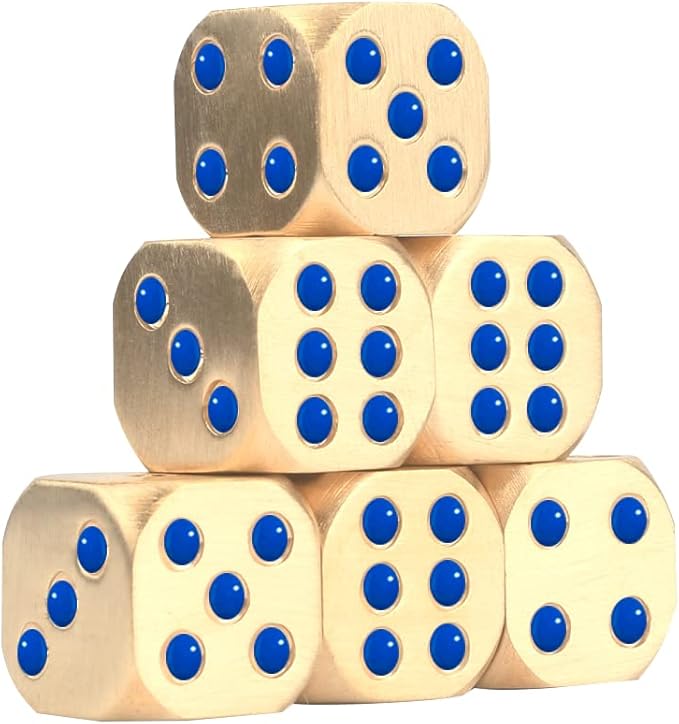 6 Sided Metal Brass Dice with Blue Pips, Tables Board Game Dice, 6pcs Solid Gift Brass Dice, Tabletop Games Set for Poker Party Playing Games