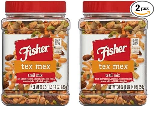 Fisher Snack Tex Mex Trail Mix, 30 Ounces, Hot and Spicy Peanuts, Almonds, Salsa Corn Sticks, Sesame Sticks, Chili Bits, Pepitas (Pack of 2)
