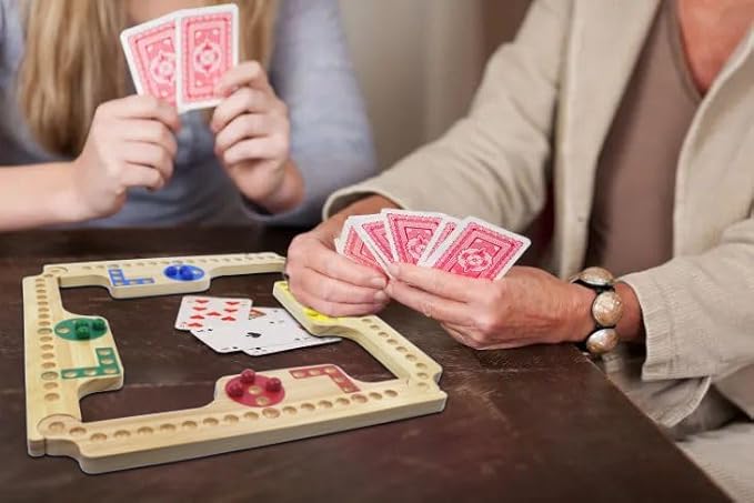 Jokers and Marbles Board Game Pegs and Jokers Card Game for 2-8 Players, Colorful Double-Side Painted Solid Wood Game Boards with 8 Color 48 Marbles 4 Decks of Cards Game Set