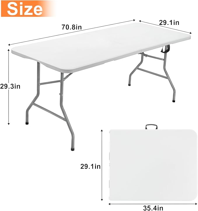 SKOK 330lbs Folding Table 6ft, Plastic Picnic Table Portable with Handle, 6 Foot Folding Table Long with Thicker Tabletop, White Tailgating Utility Commercial Craft Foldable Table for Party & Events