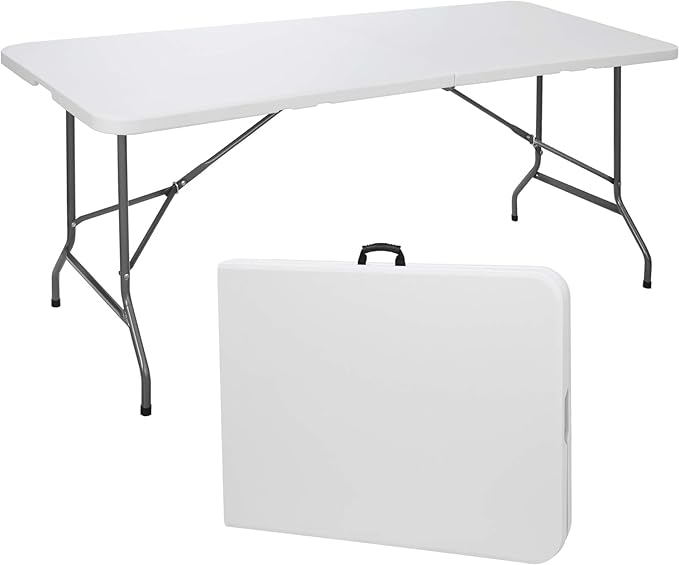 SIMPLI-MAGIC 6ft Portable Plastic Folding Table – 17% Thicker than Others – Indoor & Outdoor Heavy-Duty Foldable Utility Table w/Handle for Party & Camping (White)