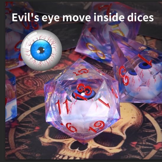 Evil Eye D20 Dices Moving Eyes Dice DND Dice Set with Moving Eye Inside Sharp Corners Dices Dungeons and Dragons Polyhedral Role Playing Gaming Dices D20 Dice 7 Set Halloween Dices Red