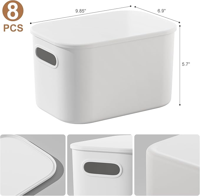8 Pack White Storage Bins with Lids Stackable Storage Container for Organizing, Storage Boxes with Handle for Shelves, Cute Storage Bin for Craft, Snacks, 9.85x6.9x5.7 inch