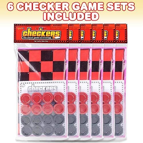 Gamie Checkers Board Game for Kids, Set of 6, Classic Checkers with Red and Black Pieces, Fun Travel Games for Kids and Adults, Cool Birthday Party Favors and Goodie Bag Fillers