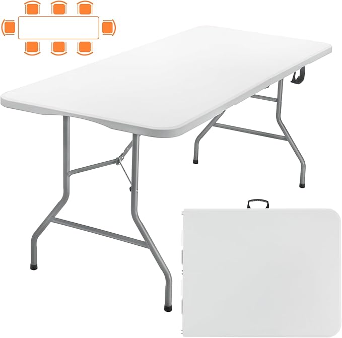 SKOK 330lbs Folding Picnic Table 8 Foot, 8FT Long Plastic Picnic Table Portable with Carry Handle, White Tailgating Utility Commercial Craft Table with Heavy Duty Frame for Party & Events
