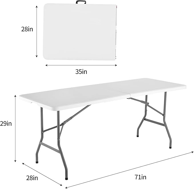 Folding Table, 6 feet Plastic Folding Table for Indoor & Outdoor Activites for Picnic, Camping, BBQ and Party with Carrying Handle, Weight Capacity 330 lbs - White