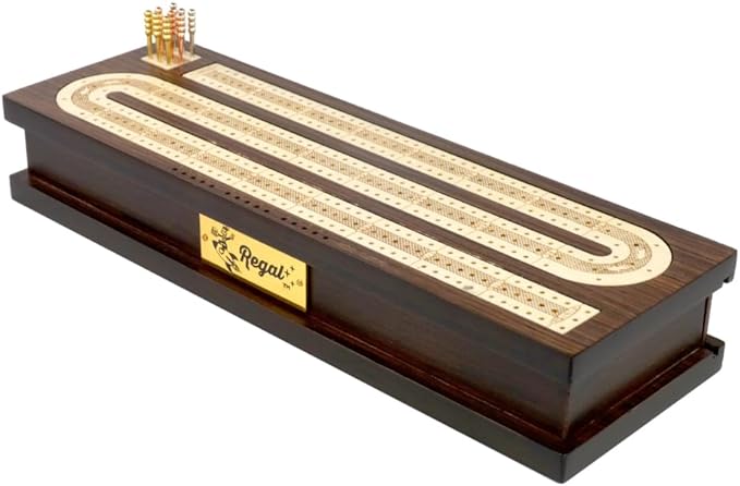 Regal Games Cribbage Board Game Set with Card Storage, Wooden Board & 9 Metal Pegs - Unique Luxury Classic Board Games - Ideal for 2-4 Person