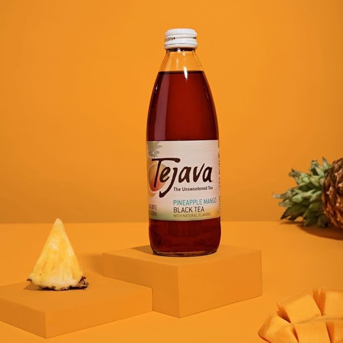 Tejava Pineapple Mango Black Iced Tea, 4 Pack, 12oz Glass Bottles, Unsweetened, Non-GMO, Kosher, No Sugar or Sweeteners, No calories, No Preservatives, Brewed in Small Batches