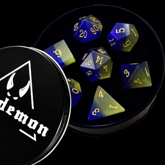Gemstone DND Dice Set Blue&Yellow Opal Dice Set 7PCS D&D Dice Polyhedral Dice Set Glitter DND Dice Set（Cat's Eyes）