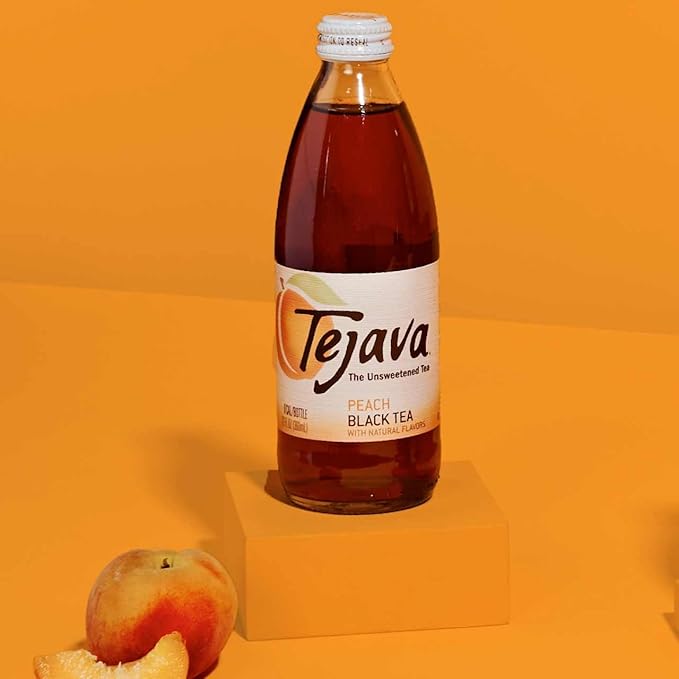 Tejava Peach Black Iced Tea, 12 Pack, 12oz Glass Bottles, Unsweetened, Non-GMO, Kosher, No Sugar or Sweeteners, No calories, No Preservatives, Brewed in Small Batches