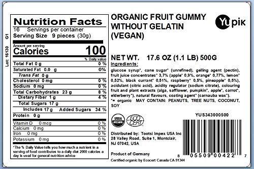 Yupik Organic Fruit Gummy Bears, Gelatin-Free, 1.1 lb (17.6 oz), Gluten-Free, Vegan, Non-GMO, Natural Colors & Flavors, Made from Fruit Juice, Sweet Candy, Delicious Snack, Ideal for Gifting