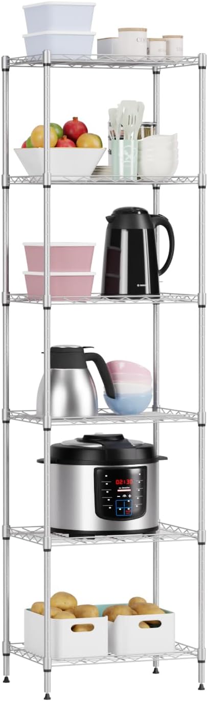 6 Tiers Wire Shelving 12" Dx17 Wx64 H Metal Frame Storage Shelves Easy Setup NSF Certified Storage Shelf Rack Shelf with Leveling Feet for Home Garage Kitchen Pantry, Chrome