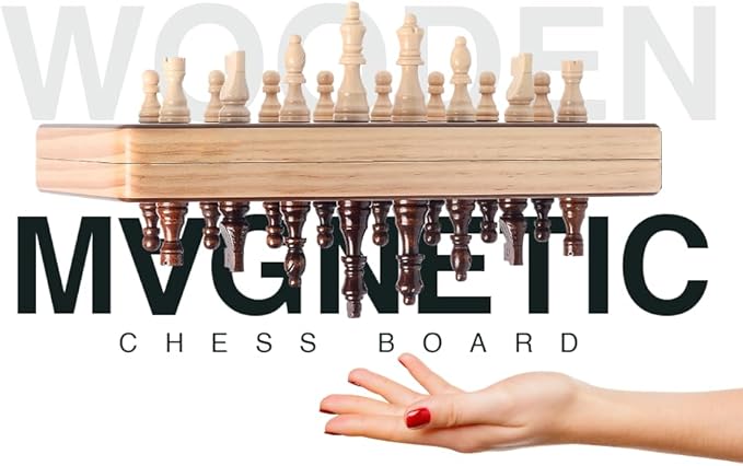 15 Inch Magnetic Wooden Chess Set for Adults & Kids - Folding Travel Chess Board with Handcrafted Staunton Pieces, Extra Queens, and Storage Slots