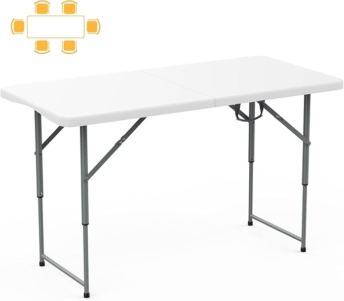 SKOK 330lbs Folding Picnic Table 4/6/8 Foot Adjustable Height, 4/6/8FT Plastic Table Portable w/Handle, Utility Commercial Craft Sewing Card Table w/Heavy Duty Frame for Party Events