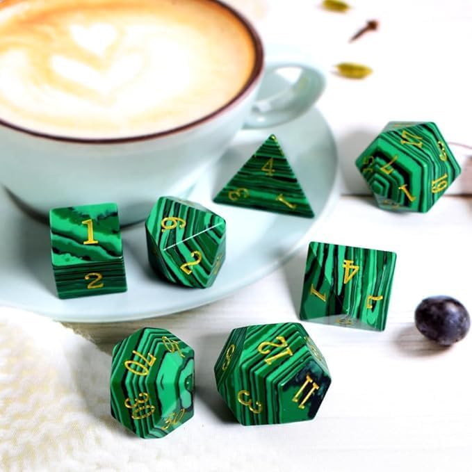 Gemstone DND Stone Dice Sets D&D 7 Pcs Polyhedral Dice Set Handmade，Malachite Stone Dice Set Natural Gemstone Dice Sets with Metal Case for Dungeons and Dragons RPG MTG Tabletop Games