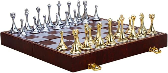 Chess Set, Magnetic Travel Chess Set, Large Metal Deluxe Chess Retro Alloy Adult Board Game Portable Wooden Box Storage Folding Chess Set,D