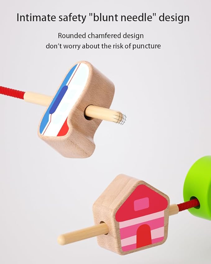 24-Piece Real Wood Bead Threading Puzzle Blocks with Traffic Scenario Game Board - Kids' Educational Toy Set with 2 Stringing Sticks & Cotton Storage Bag(Ages 3-6)