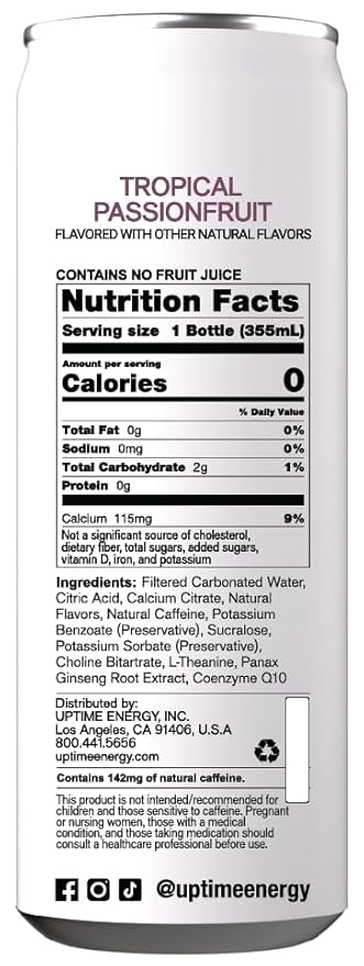 UPTIME - Tropical Passionfruit 12 Pack - Zero Sugar Premium Energy Drink, 12oz Cans, Natural Caffeine, Natural Flavors