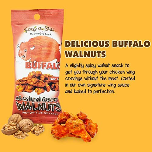 Crazy Go Nuts Walnuts Buffalo - Glazed Walnuts, Healthy Snacks, Vegan, Low Carb, Gluten Free, Superfood-Natural, Non-GMO, ALA, Omega 3 Fatty Acids, Good Fats, and Antioxidants - 1.25 Oz, 6-Pack