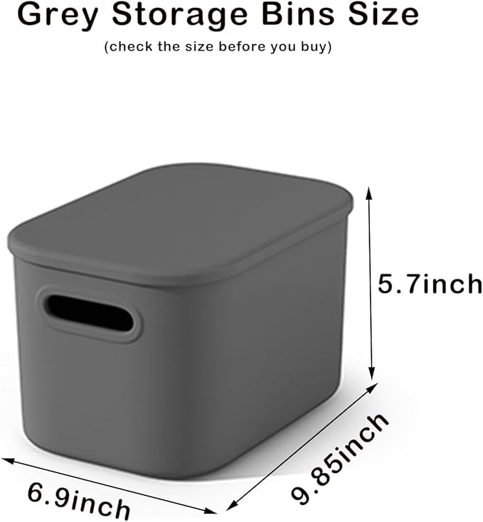 6 Pack Grey Storage Bins with Lids Stackable Storage Container for Organizing, Storage Boxes with Handle for Shelves, Cute Organizer Bins for Craft, Snacks, 9.85x6.9x5.7 inch
