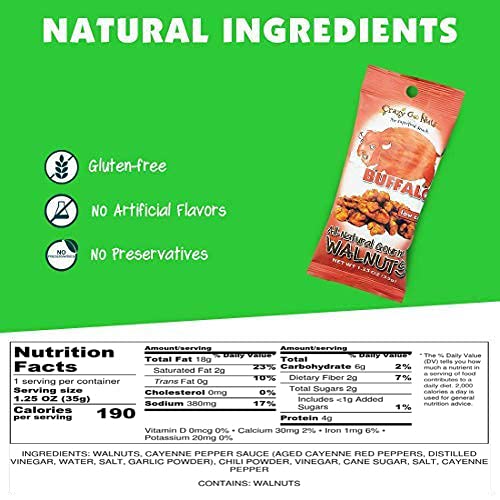 Crazy Go Nuts Walnuts Buffalo - Glazed Walnuts, Healthy Snacks, Vegan, Low Carb, Gluten Free, Superfood-Natural, Non-GMO, ALA, Omega 3 Fatty Acids, Good Fats, and Antioxidants - 1.25 Oz, 6-Pack