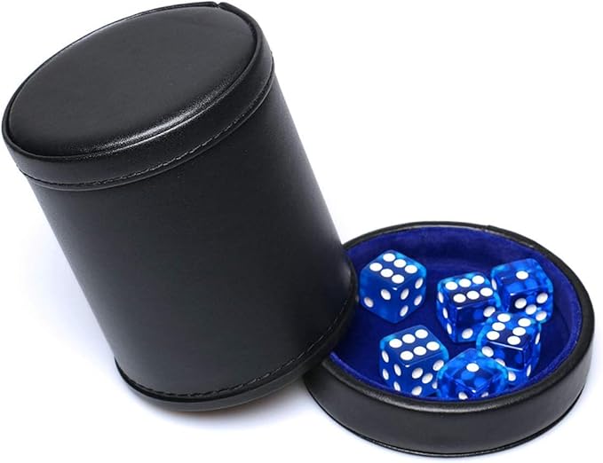 PU Leather Dice Cup with Lid, Blue Velvet Interior Quiet Dice Shaker Cup Including 6 BlueTranslucent Dice for Liars/Farkle/Yahtzee Games, 1 Pack