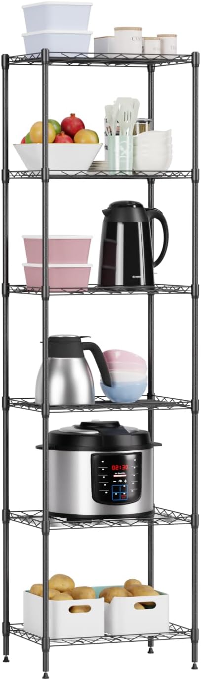 6 Tiers Wire Shelving 12" Dx17 Wx64 H Metal Frame Storage Shelves Easy Setup NSF Certified Storage Shelf Rack Shelf with Leveling Feet for Home Garage Kitchen Pantry, Black