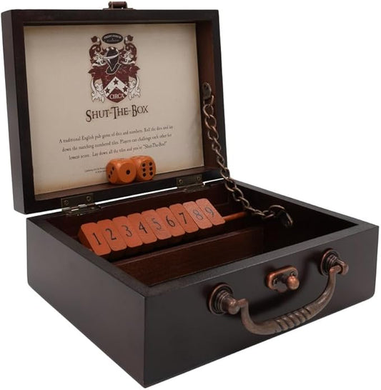 Front Porch Classics, Circa Shut the Box, Wooden 9 Number Dice Game with Case for Travel, for Adults and Kids Ages 8 and Up