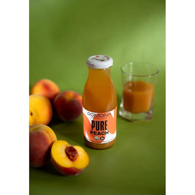 Pomona Organic Peach Juice (Pack of 12), Cold Pressed USDA Organic Juices, 100% Peaches, No Added Sugar, Not From Concentrate, Vegan, Kosher, Non GMO, Pasteurized, 8.4 oz Glass Bottles