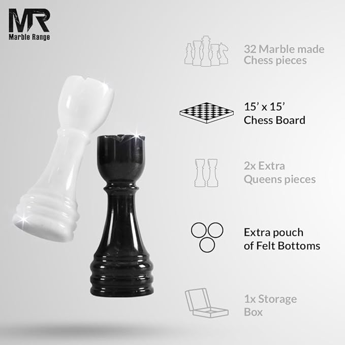 Marble Chess Set 15 Inch Handmade Black & White Board Game with Storage Box, Classic Travel Chess Set for Adults with Pieces & 2 Extra Queens, Elegant Gift & Home Décor