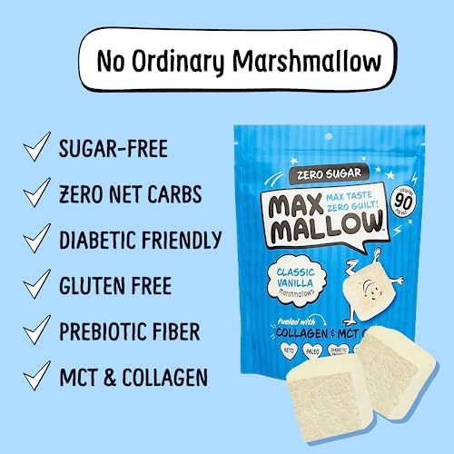 Max Mallow Sugar Free Marshmallows - Keto Friendly, Perfect for S'mores, Hot Chocolate, and Baking with Zero Sugar Snacks, Smores Mct Oil Zero Sugar Marshmellow Marshmallow Classic Vanilla, 6 Pack
