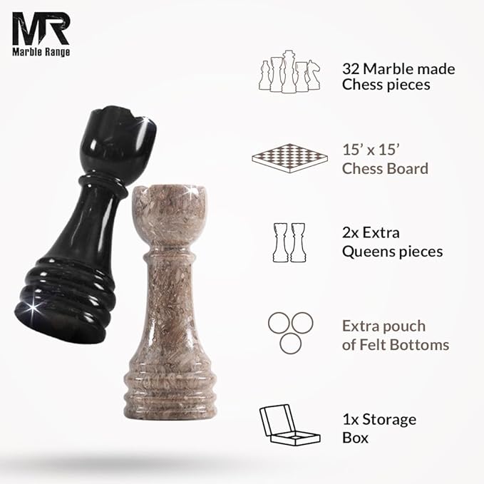 Marble Chess Set 15 Inch Handmade Oceanic & Black Board Game with Storage Box, Classic Travel Chess Set for Adults with Pieces & 2 Extra Queens, Elegant Gift & Home Décor