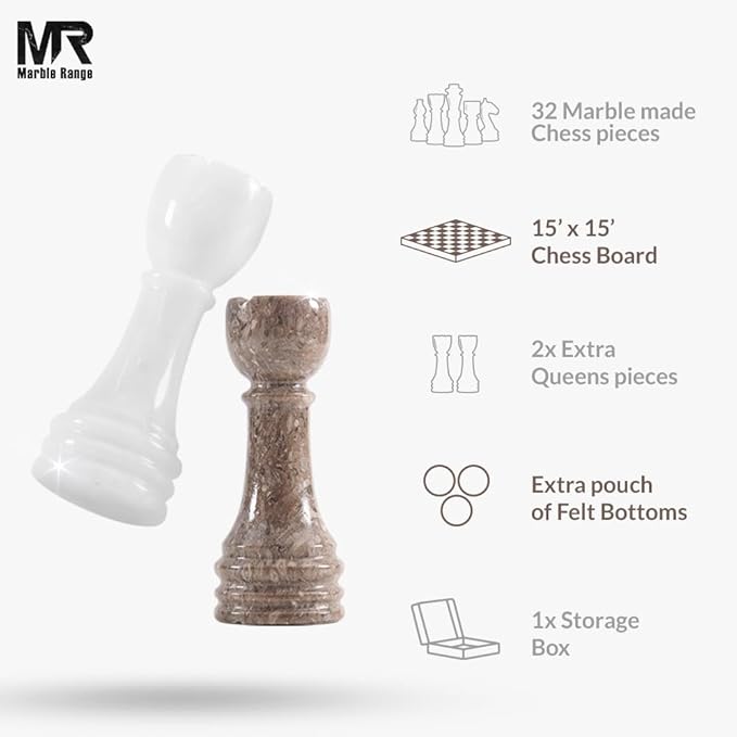 Marble Chess Set 15 Inch Handmade Oceanic & White Board Game with Storage Box, Classic Travel Chess Set for Adults with Pieces & 2 Extra Queens, Elegant Gift & Home Décor