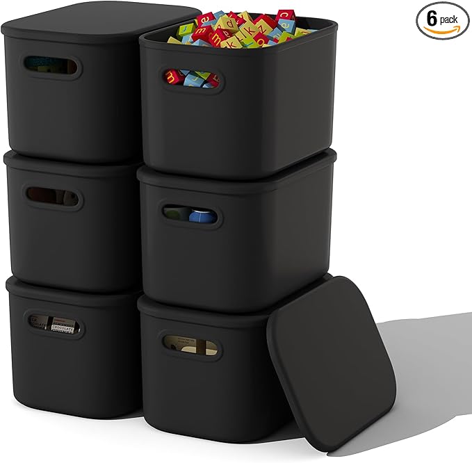6 Pack Black Storage Bins with Lids Stackable Storage Container for Organizing, Black Storage Boxes with Handle for Shelves, Cute Organizer Bins for Craft, Snacks, 9.85x6.9x5.7 inch